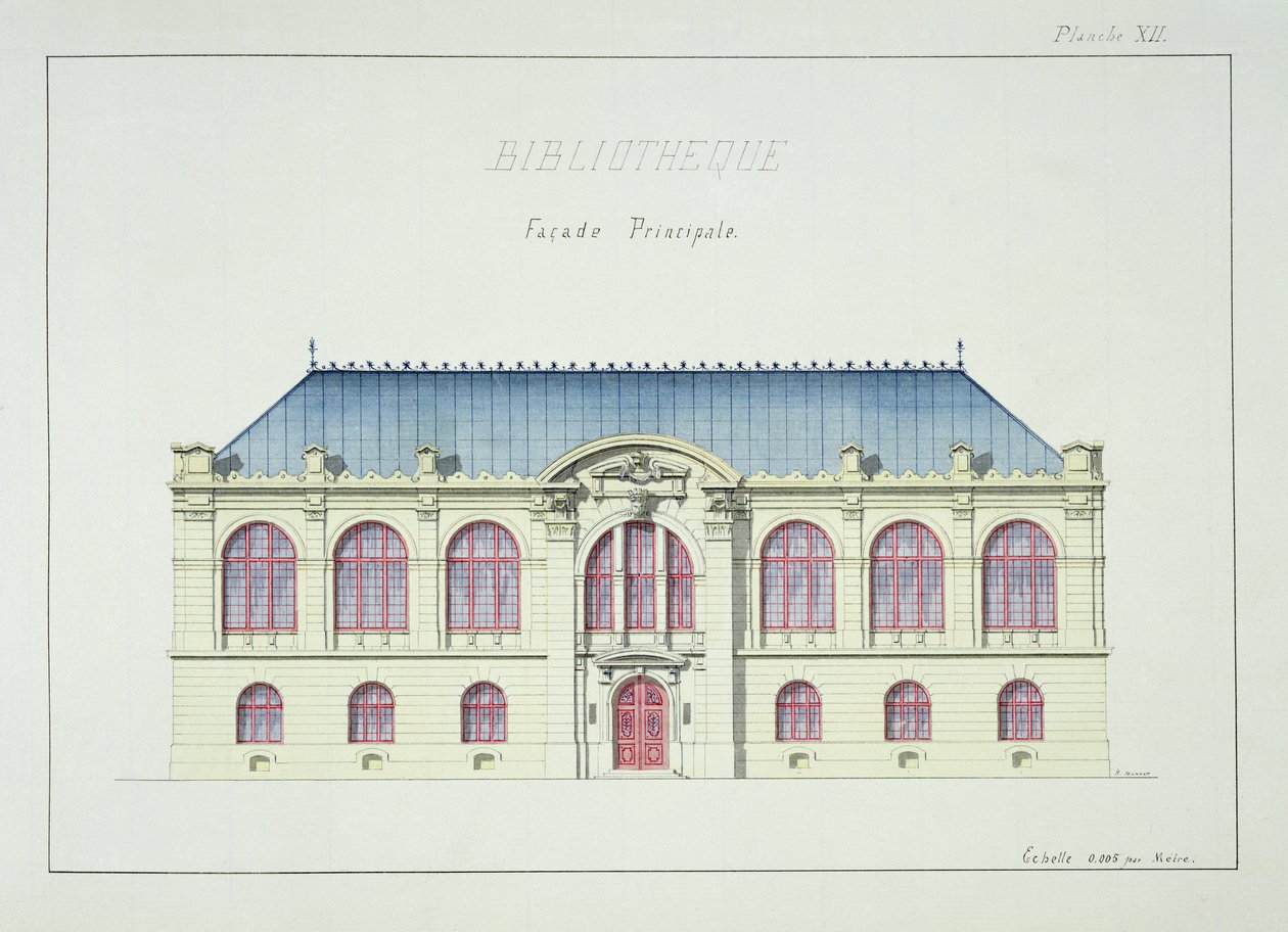 Könyvtár főhomlokzata, XII. tábla tervfóliáról, 1870 körül alkotó: H. Monnot