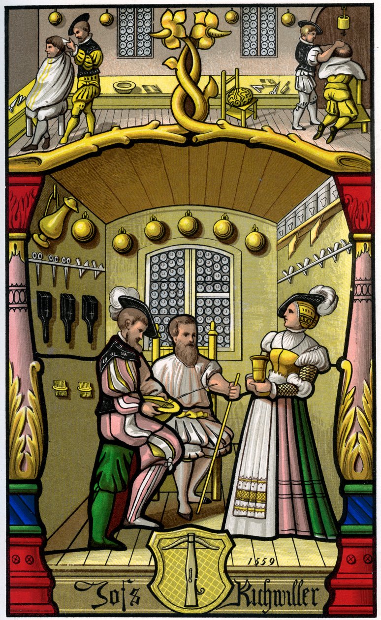 Borbély és parókakészítő, 1849. XVI. század. alkotó: H. Moulin