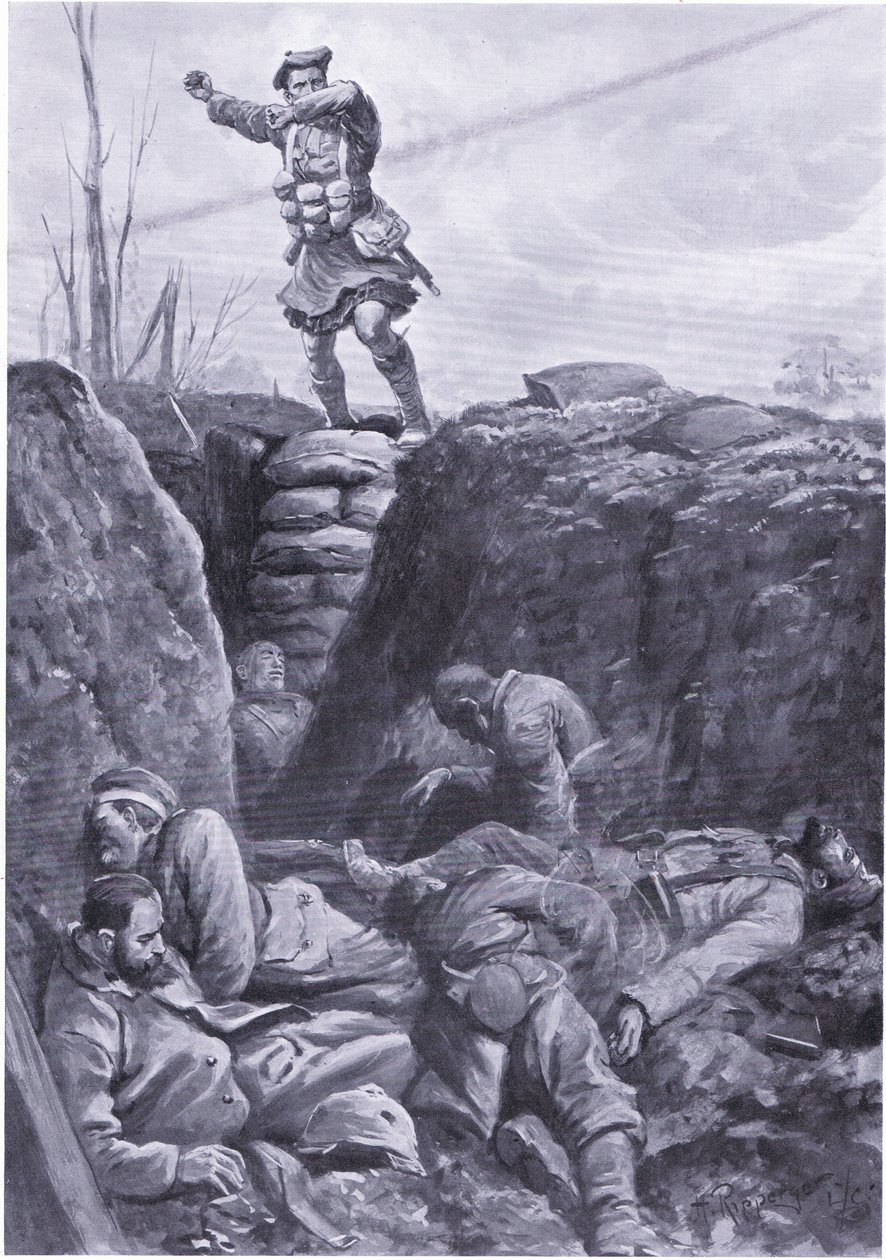 Brown közlegény (Gordon Highlander) egy barikád tetejéről bombázza az ellenséget egy német lövészárokban. (litho) alkotó: H. Ripperger