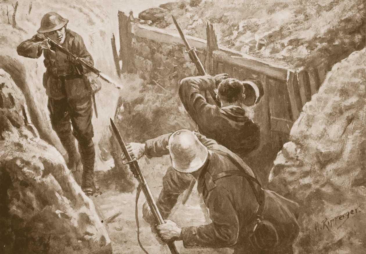 J. Hutchinson közlegény lelő két német őrszemet, amikor egy német lövészárok elleni támadást vezetett. alkotó: H. Ripperger