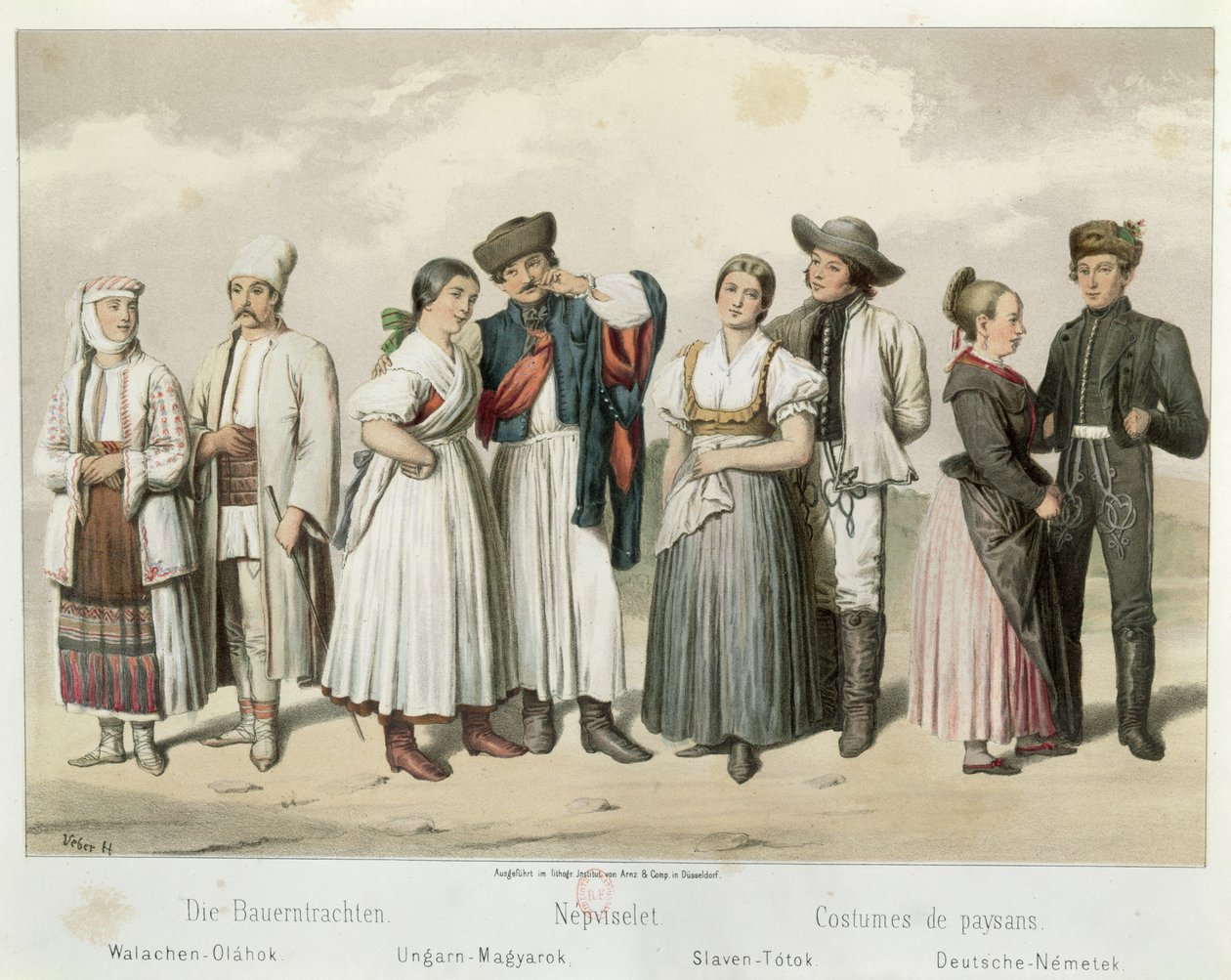 Romániai, magyar, szlovák és német parasztok viselete, Gabriel de Pronay „Esquisses de la Vie Populaire en Hongriche” című művéből, 1855 alkotó: H. Veber