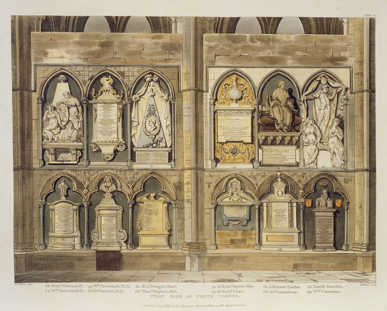 West Side of Poets Corner, 24. tábla a Westminster Abbey-ből, metszette: J. Bluck (fl.1791-1831) pub. Írta: Rudolph Ackermann (1764-1834) 1811 (akvatinta) alkotó: H. Villiers