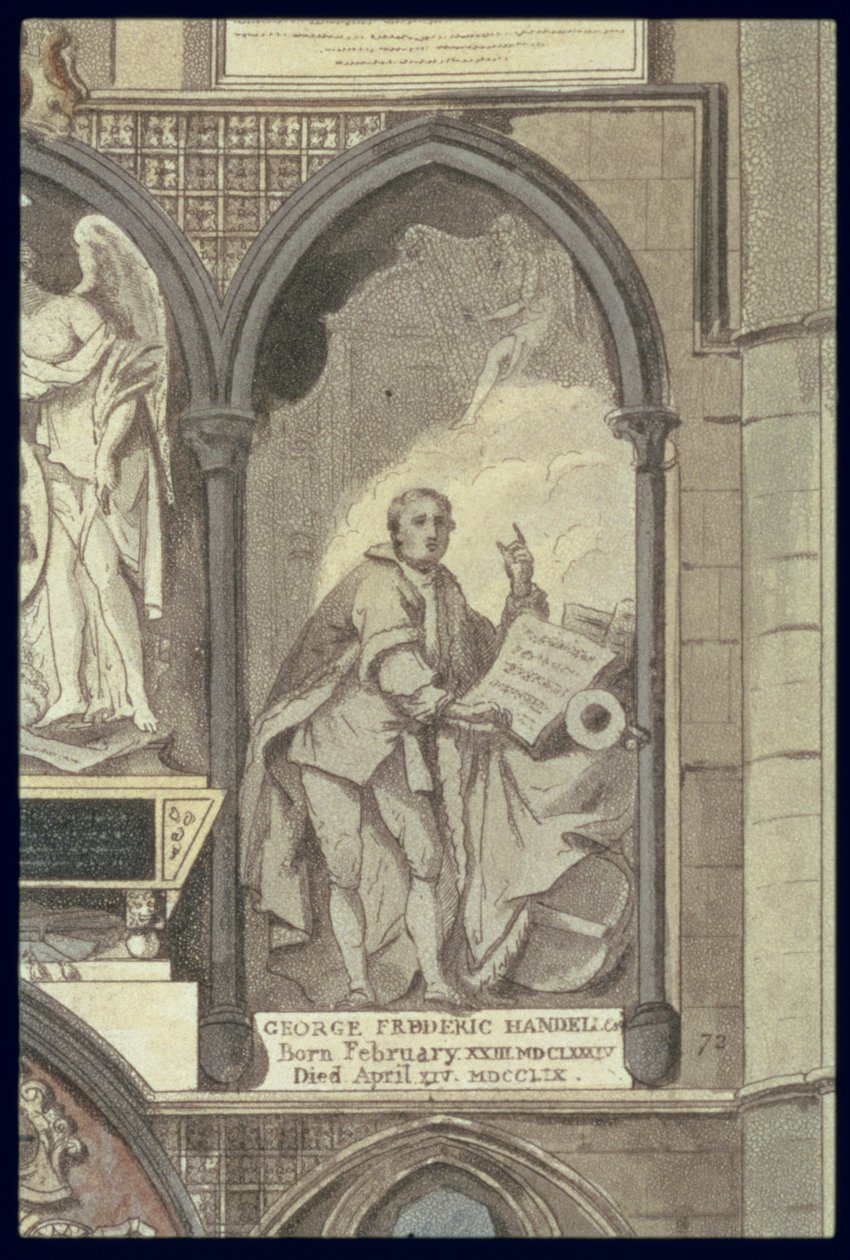West Side of Poets Corner, 25. tábla a Westminster Abbey-ből, George Frederick Handel temetkezési emlékművének részlete 1685-1759, metszet: J. Bluck fl.1791-1831 pub. Írta: Rudolph Ackermann 1764-1834 1 alkotó: H. Villiers