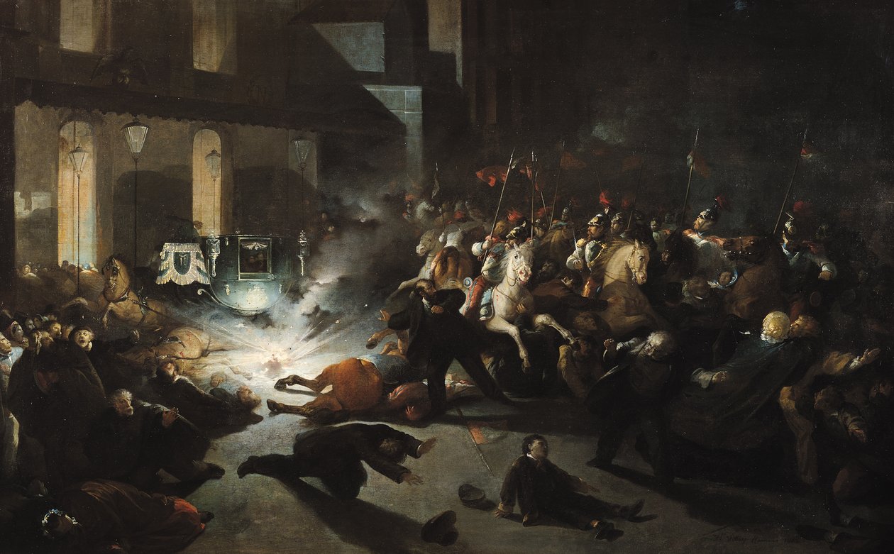 Felice Orsini (1819-59) III. Napóleon császár (1808-73) meggyilkolási kísérlete 1862. január 14-én alkotó: H. Vittori Romano