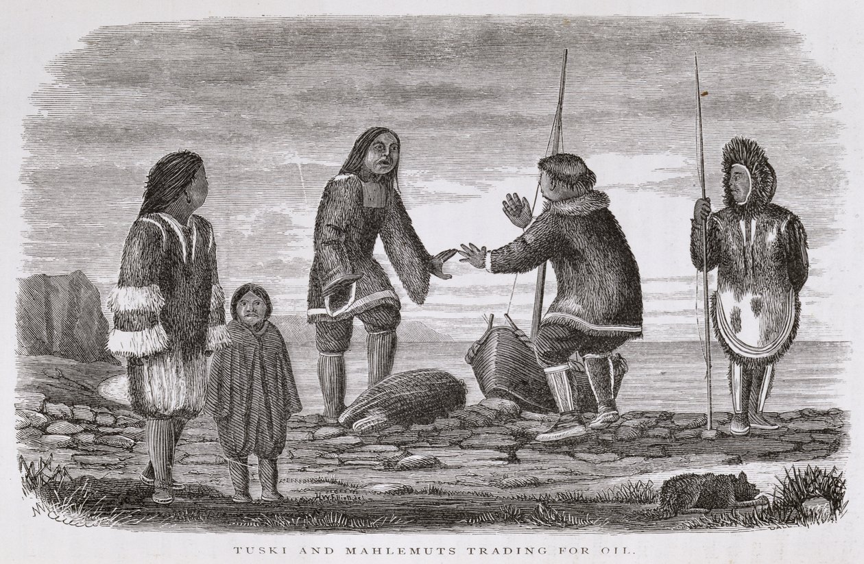 Tuski and Mahlemuts Trading for Oil, az "Alaska and its Resources"-ból, William H. Dall, metszette John Andrew, pub. 1870 alkotó: H. W., Elliot
