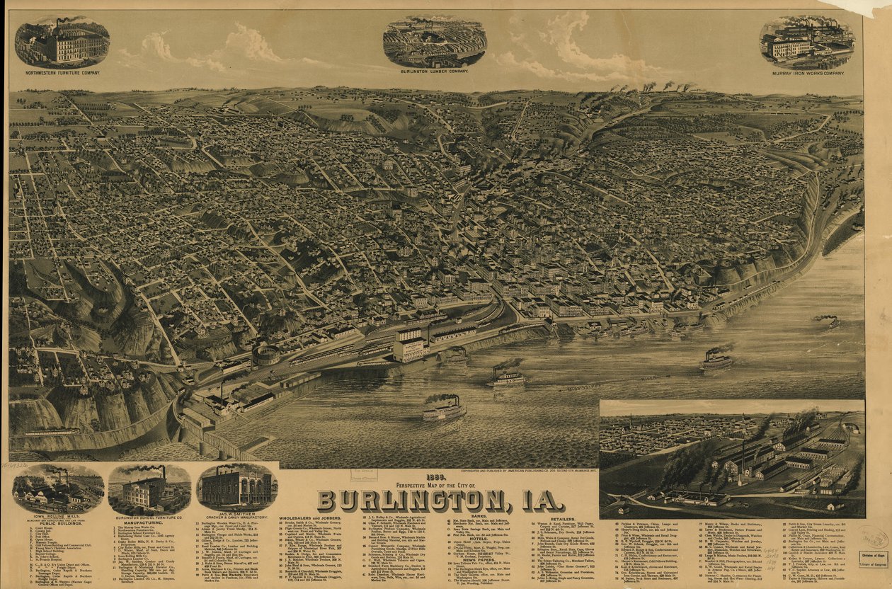 1889-es perspektivikus térkép Burlington városáról, Ia. LOC 75693230 alkotó: H. Wellge