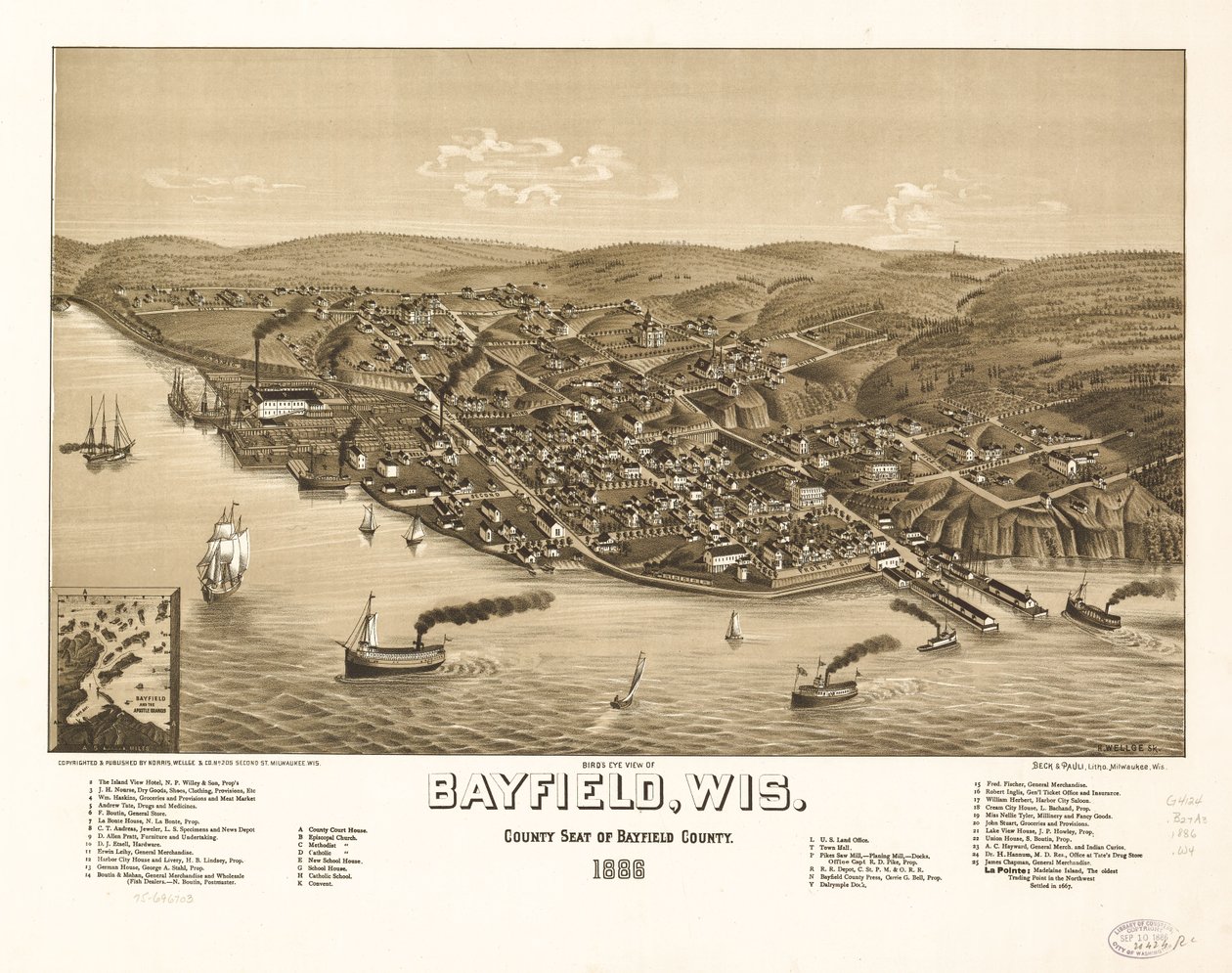 Bayfield, Wis., Bayfield megye székhelye madártávlatból 1886. LOC 75696703 alkotó: H. Wellge