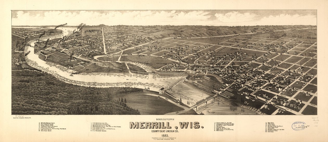 Merrill, Wis. megyeszékhelye, Lincoln Co. 1883, madártávlatból. LOC 75696715 alkotó: H. Wellge
