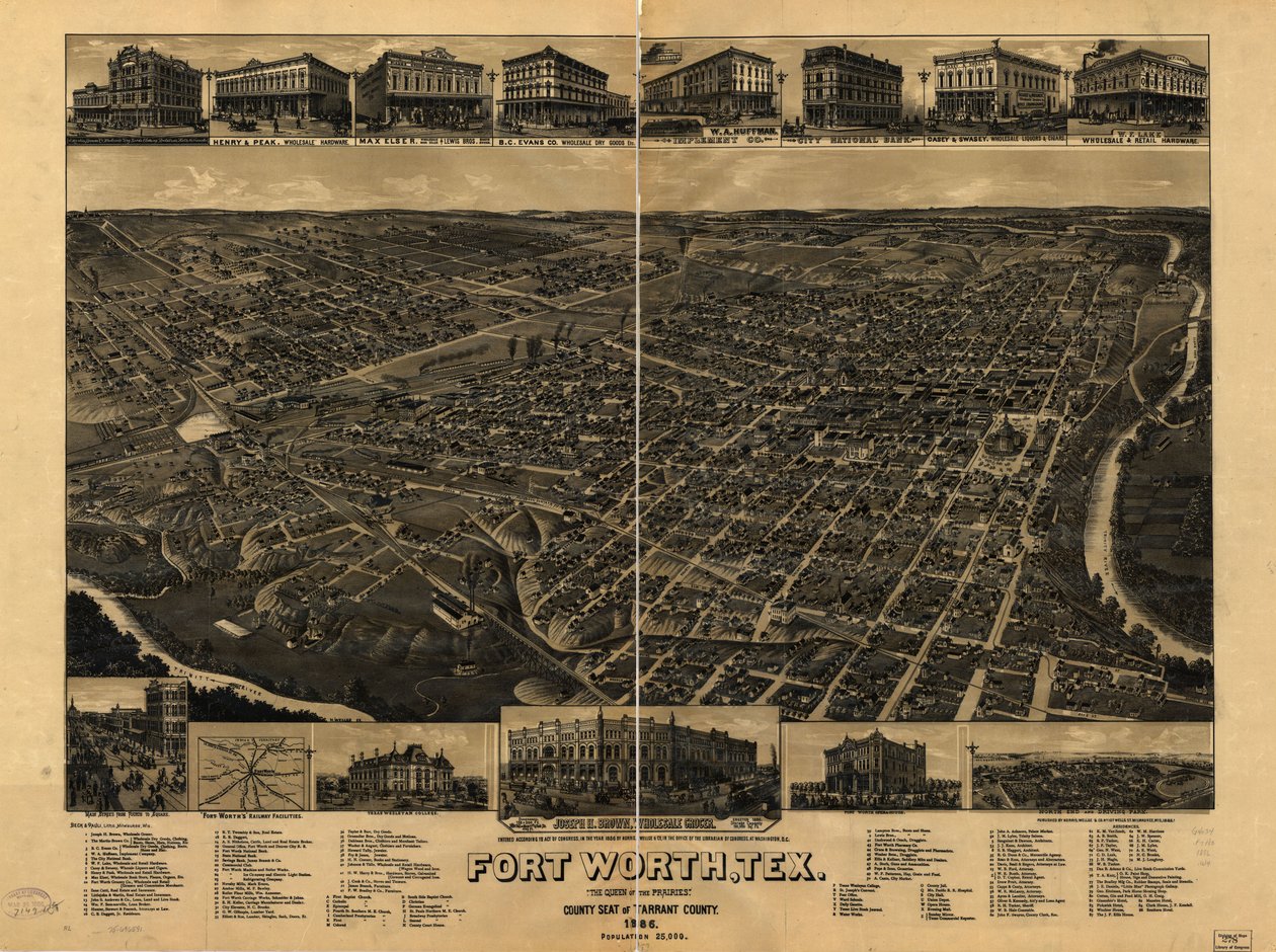 A perspektivikus térkép nem méretarányosan készült. Madártávlat. LC Panoramic maps (2. kiadás), 910 Raszterképként is elérhető a Library of Congress webhelyén. Tartalmazza az ábrát, az érdekes helyek indexét és a Fort Worth vasúti létesítmények térképét. A alkotó: H. Wellge