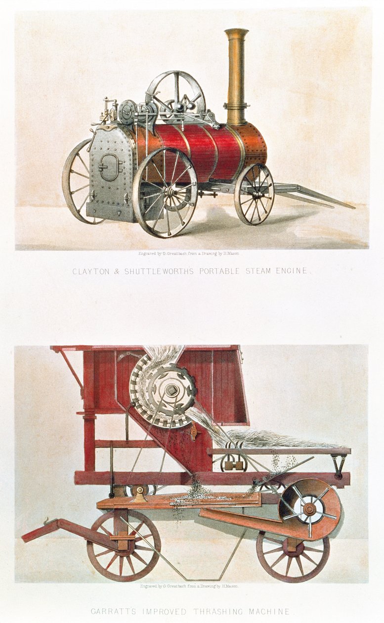 Clayton és Shuttleworths hordozható gőzgép és Garratts továbbfejlesztett cséplőgép, metszett G. Greatbach alkotó: H. after Mason