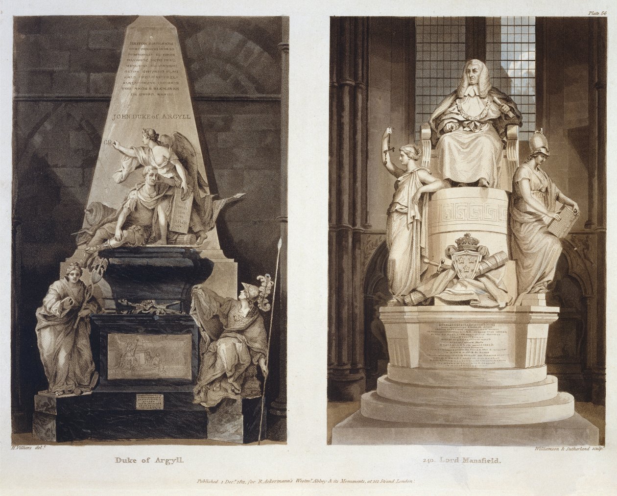 Argyll herceg és Lord Mansfield sírjai, 56. tábla a Westminster Abbey-ből, Williamson és Thomas Sutherland metszet, kocsma. Írta: Rudolph Ackermann (1764-1834) 1811 (akvatinta) alkotó: H. after Villiers