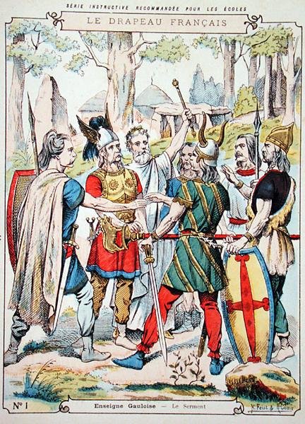 Esküt tevő gall harcosok, tankönyvek védőhüvelyéből, 19. század vége (színes litó) alkotó: H. and Louis R. Feist