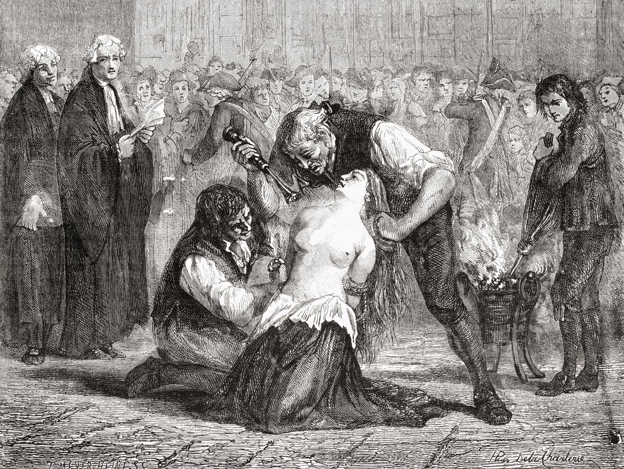 Madame de la Motte kínzása, Meyer-Heine metszete, Louis Blanc (1811-82) "Histoire de la Revolution Francaise" című művéből alkotó: H. de la Charlerie