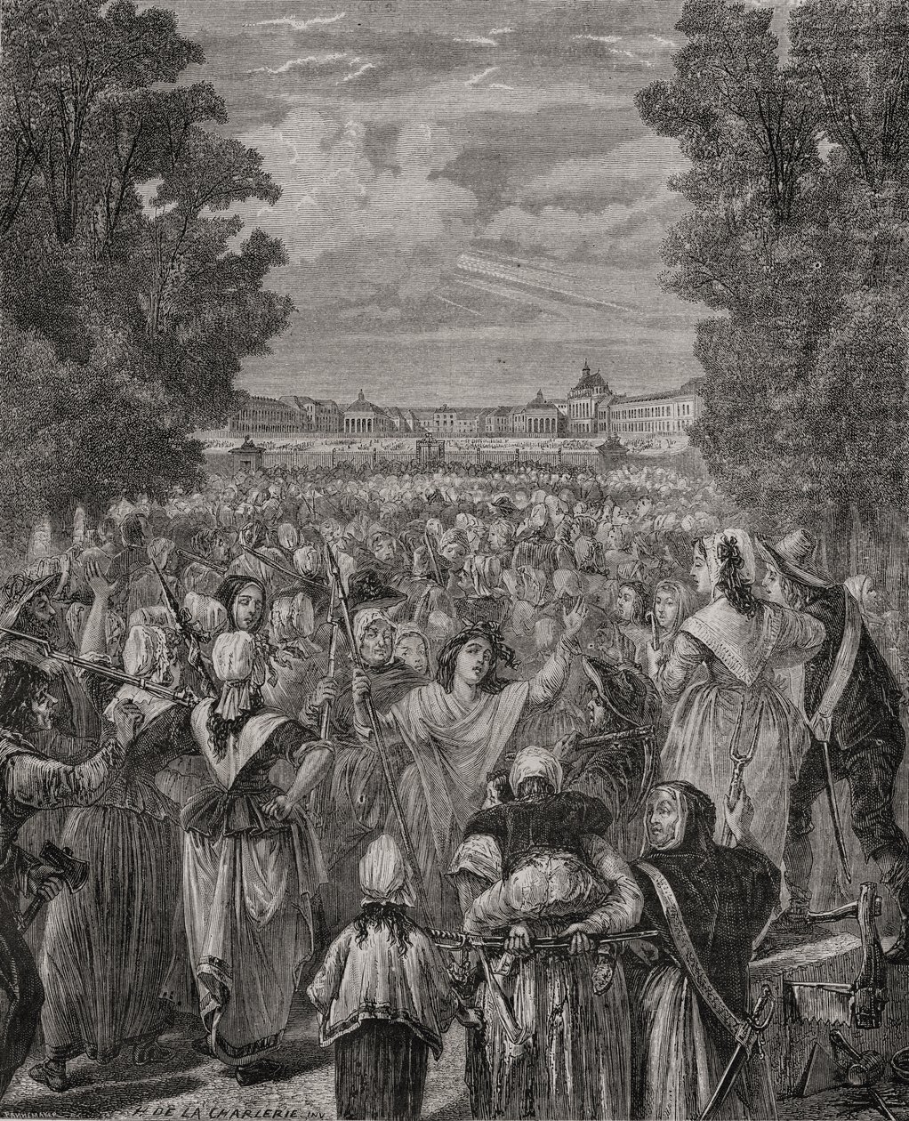 A nők menetelnek Versailles-ban, 1789. október 5-6., Pannemaker-Ligny metszete, Louis Blanc (1811-82) „Histoire de la Revolution Francaise” című művéből alkotó: H. de la Charlerie