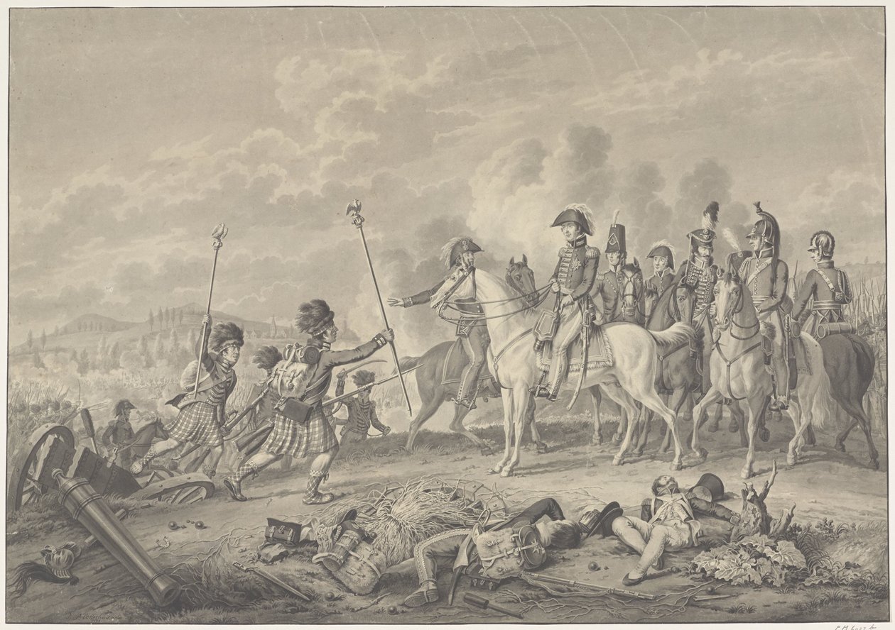 Wellington hercege két zászlót kap a franciáktól az 1815-ös waterlooi csata során elfogott sasokkal. alkotó: Haatje Pieters Oosterhuis