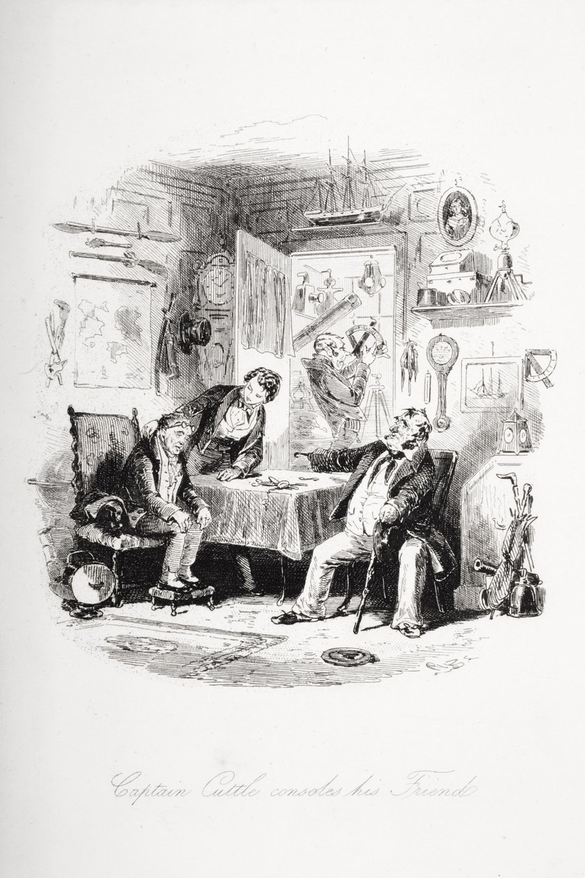 Cuttle kapitány vigasztalja barátját, Charles Dickens (1812-70) „Dombey és fia” című illusztrációja, amely először 1848-ban jelent meg. alkotó: Hablot Knight Browne
