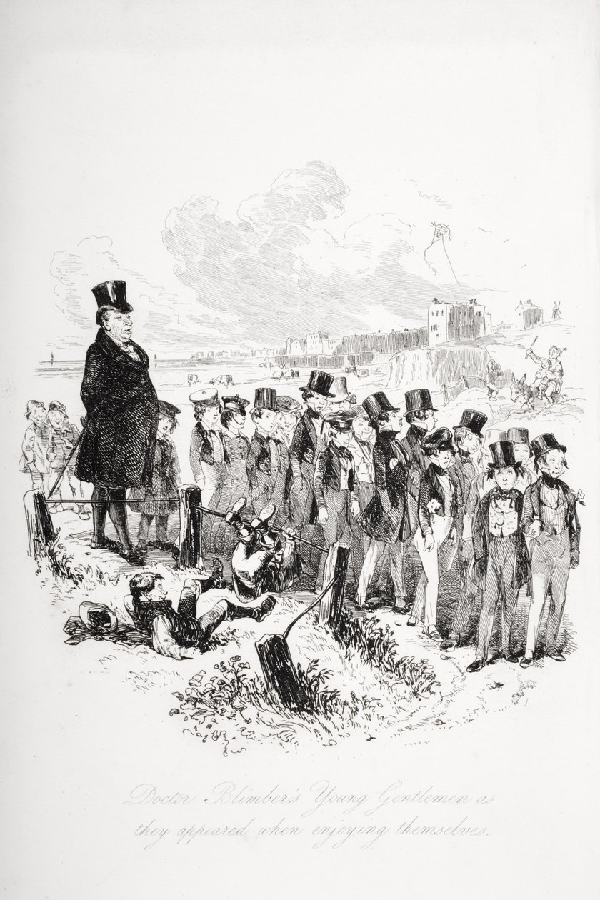 Blimber doktor ifjú urai, ahogy szórakozás közben megjelentek. Illusztráció Charles Dickens (1812-70) „Dombey és fia” című művéből, először 1848-ban jelent meg. alkotó: Hablot Knight Browne