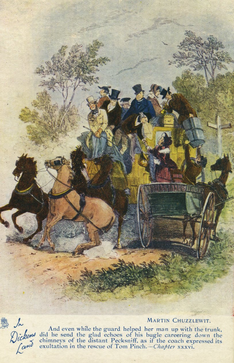 In Dickens Land – Martin Chuzzlewit képeslap, 1907 körül alkotó: Hablot Knight Browne