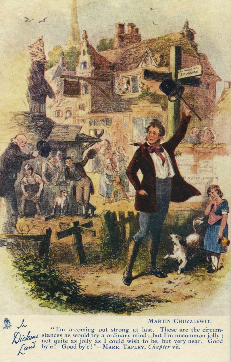 In Dickens Land – Martin Chuzzlewit képeslap, 1907 körül alkotó: Hablot Knight Browne