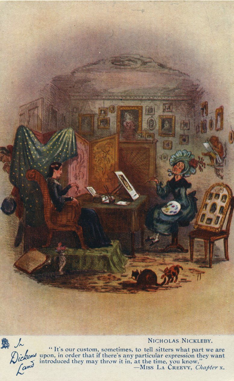 In Dickens Land – Nicholas Nickleby képeslap, 1905 körül alkotó: Hablot Knight Browne