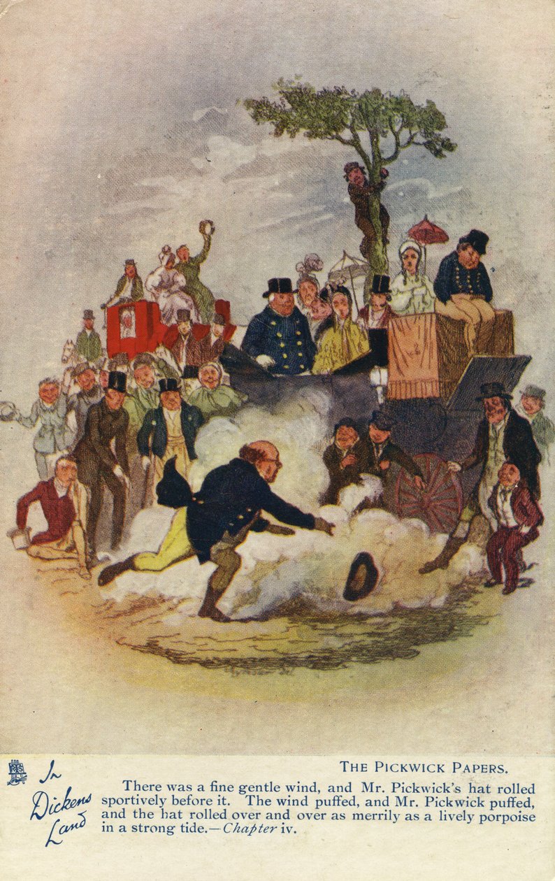 In Dickens Land – The Pickwick Papers képeslap, 1905 körül alkotó: Hablot Knight Browne