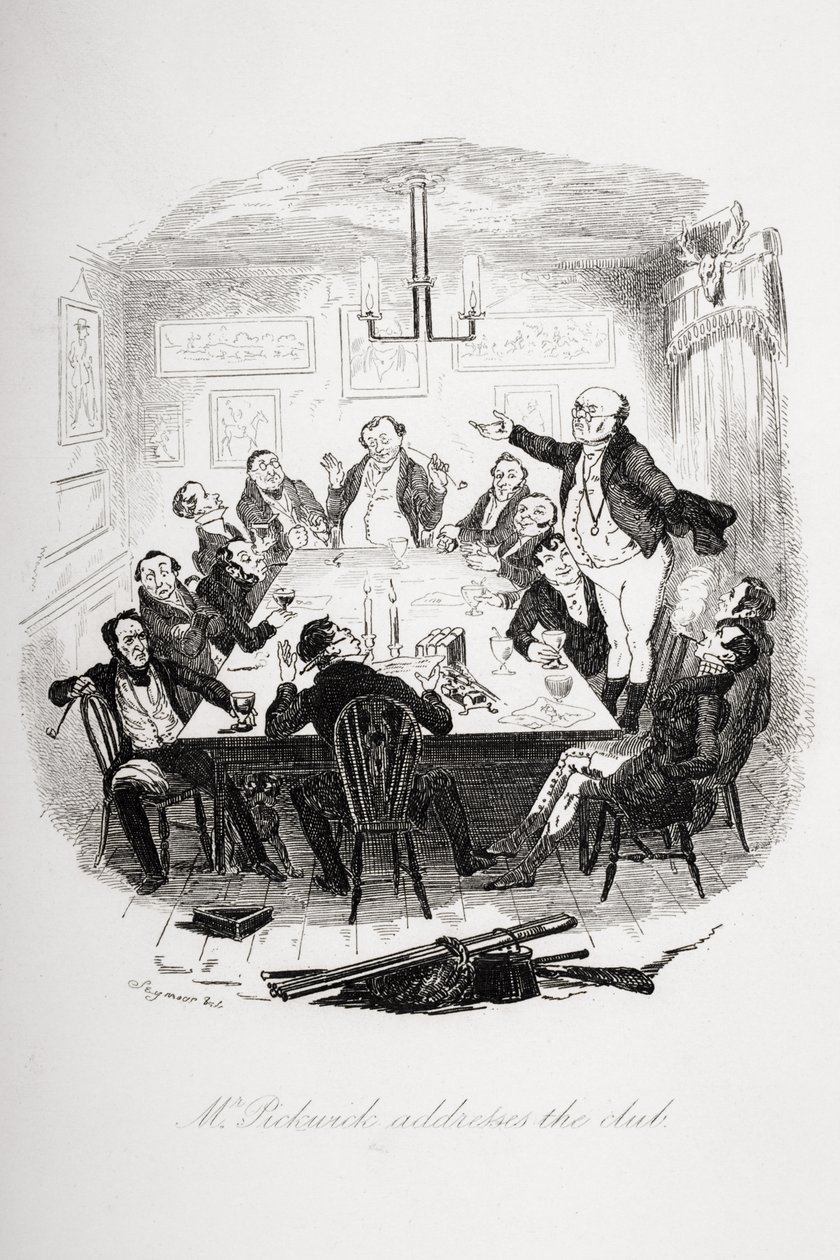 Pickwick úr beszédet mond a klubnak, illusztrációja Charles Dickens (1812-70) „The Pickwick Papers” című művéből, 1837-ben alkotó: Hablot Knight Browne