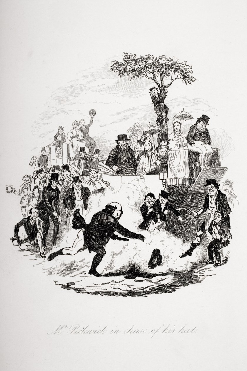 Pickwick úr a kalapját kergetve, illusztráció Charles Dickens (1812-70) „The Pickwick Papers” című művéből, 1837-ben alkotó: Hablot Knight Browne