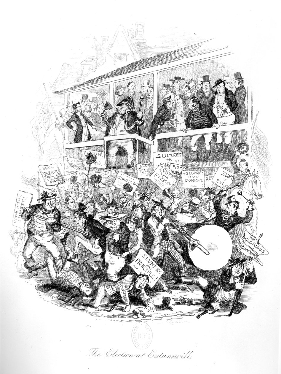 Pickwick úr a választás napján Eatenswillben, illusztráció Charles Dickens (1812-70) „Pickwick Papers”-ból alkotó: Hablot Knight Browne