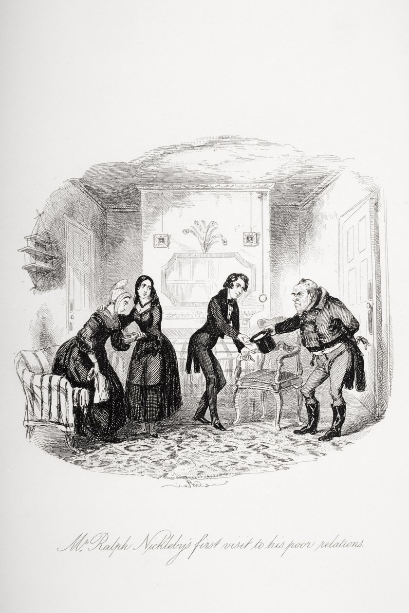 Mr. Ralph Nickleby első látogatása szegény kapcsolatainál, illusztráció Charles Dickens (1812-70) 
