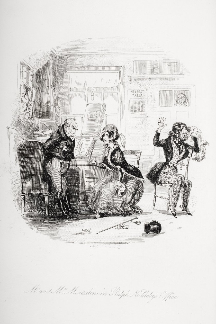 Mr. és Mrs. Mantalini Ralph Nickleby irodájában Sir Mulberry és tanítványa között, illusztráció Charles Dickens (1812-70) 