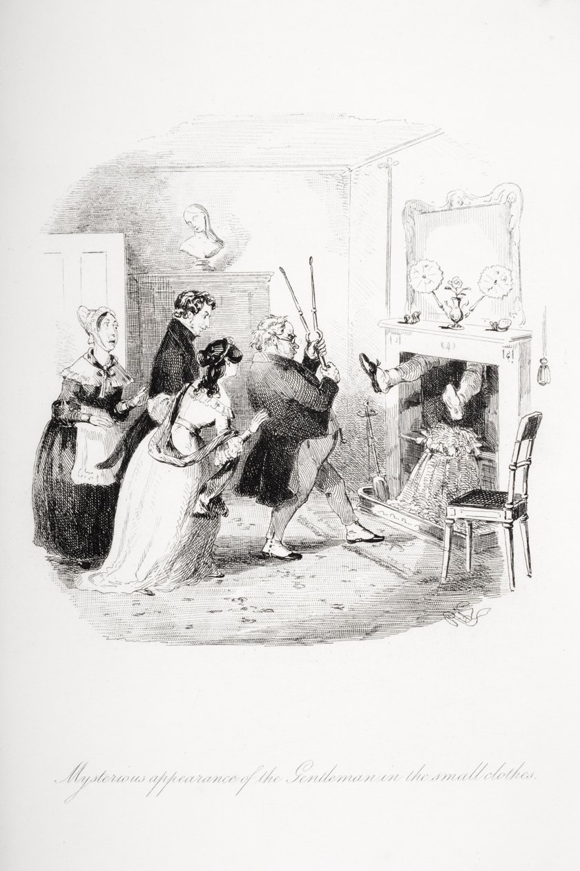 A kisruhás úriember titokzatos megjelenése, Charles Dickens (1812-70) 1839-ben megjelent "Nicholas Nickleby" című művéből. alkotó: Hablot Knight Browne