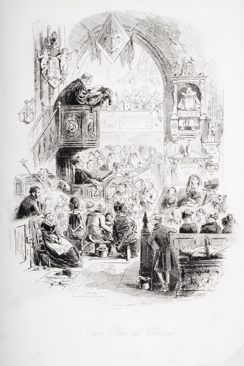 Padunk a templomban, Charles Dickens (1812-70) „David Copperfield” illusztrációja, amely először 1850-ben jelent meg alkotó: Hablot Knight Browne