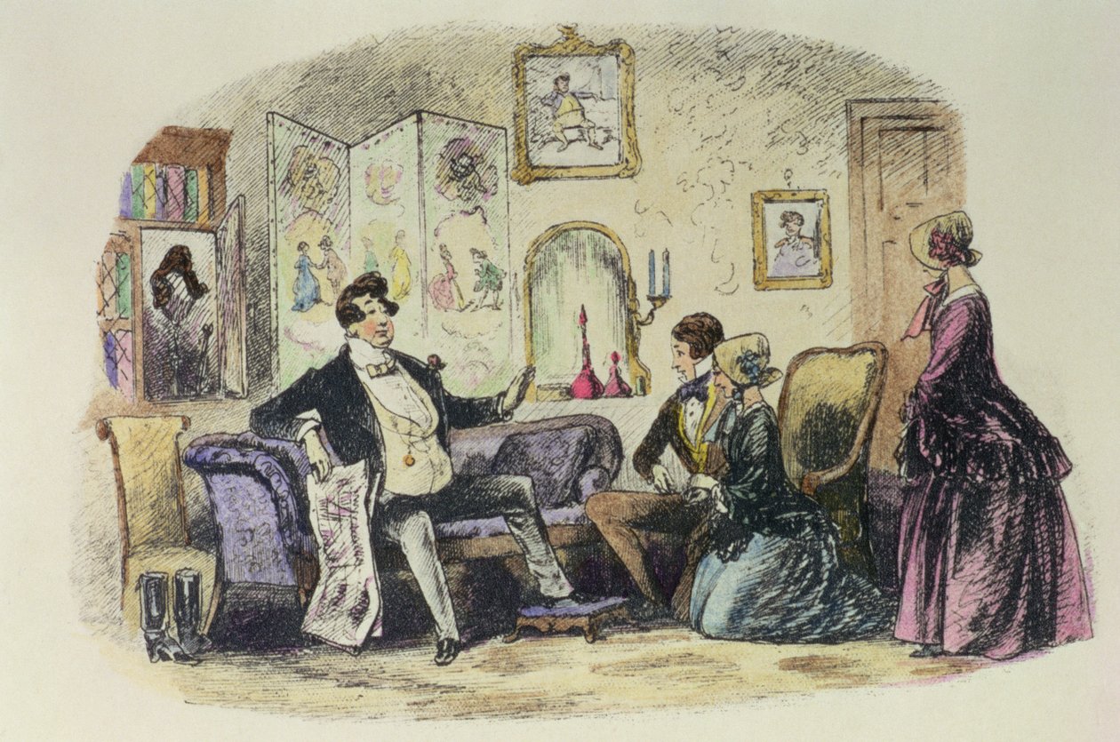 Turveydrop herceg megáldja fiát és menyét, amikor bejelentik eljegyzésüket, Esther Summerson nézi őket, illusztráció Charles Dickens (1812-70) "Bleak House" című művéből 1853 (színes en alkotó: Hablot Knight Browne