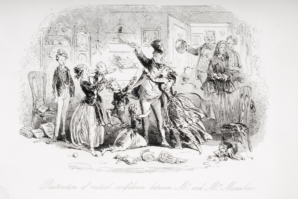 A kölcsönös bizalom helyreállítása Mr. és Mrs. Micawber között, illusztráció Charles Dickens (1812-70) „David Copperfield” című művéből, először 1850-ben (litho) alkotó: Hablot Knight Browne