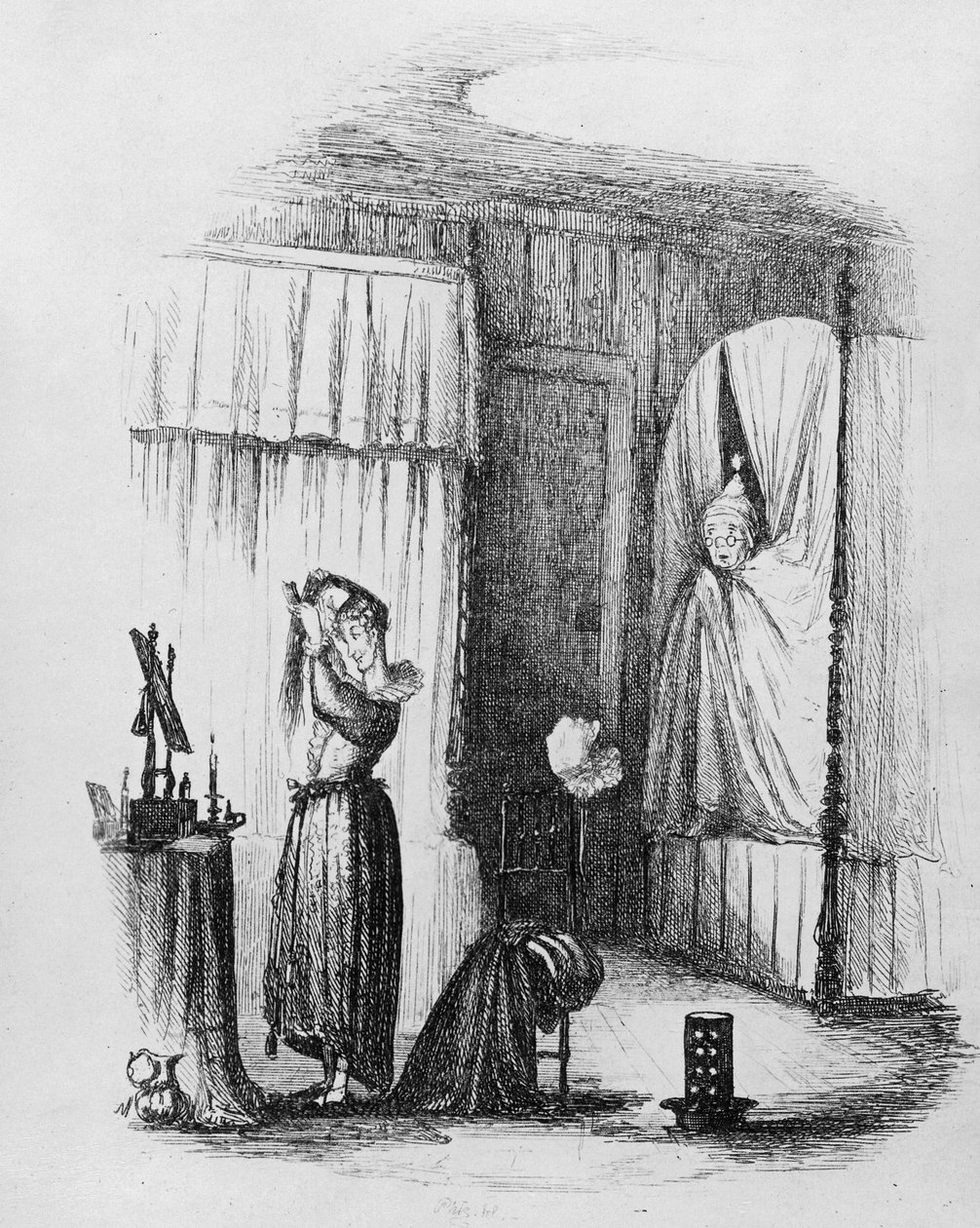 A középkorú hölgy a kétágyas szobában, illusztráció Charles Dickens „The Pickwick Papers” című művéből, 1837-ben alkotó: Hablot Knight Browne