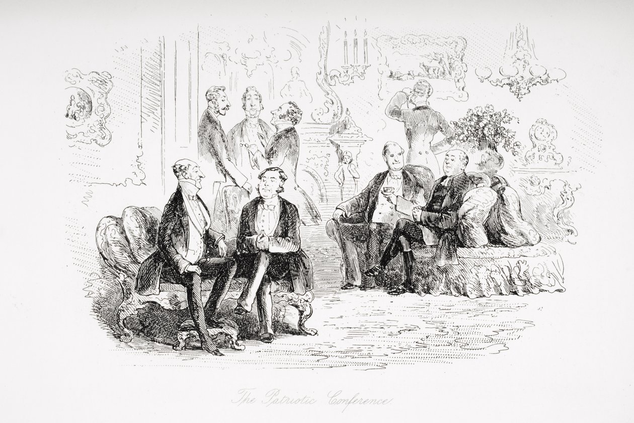 A Hazafias Konferencia, Charles Dickens (1812-70) „Little Dorrit” című művének illusztrációja, amely először 1857-ben jelent meg alkotó: Hablot Knight Browne