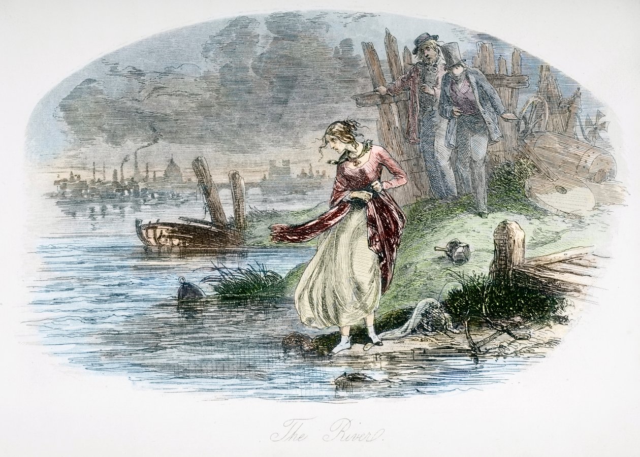 A folyó, Charles Dickens (1812-70) „David Copperfield” című művének illusztrációja, amely először 1850-ben jelent meg (későbbi színezés) alkotó: Hablot Knight Browne