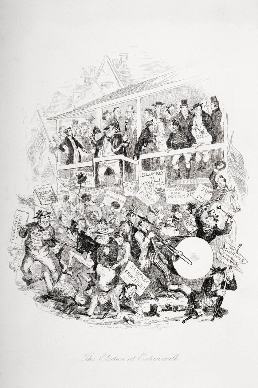 A választás Eatanswillben, illusztráció Charles Dickens (1812-70) 1837-ben megjelent "The Pickwick Papers" című művéből. alkotó: Hablot Knight Browne