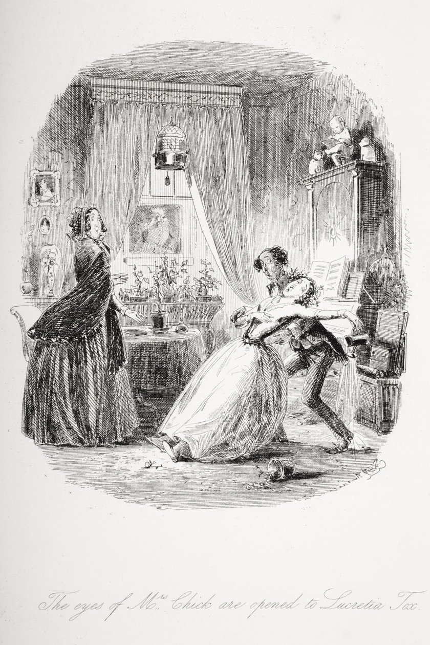 Mrs. Chick szeme Lucretia Tox előtt nyílik meg, Charles Dickens (1812-70) „Dombey és fia” című illusztrációja, amely először 1848-ban jelent meg. alkotó: Hablot Knight Browne