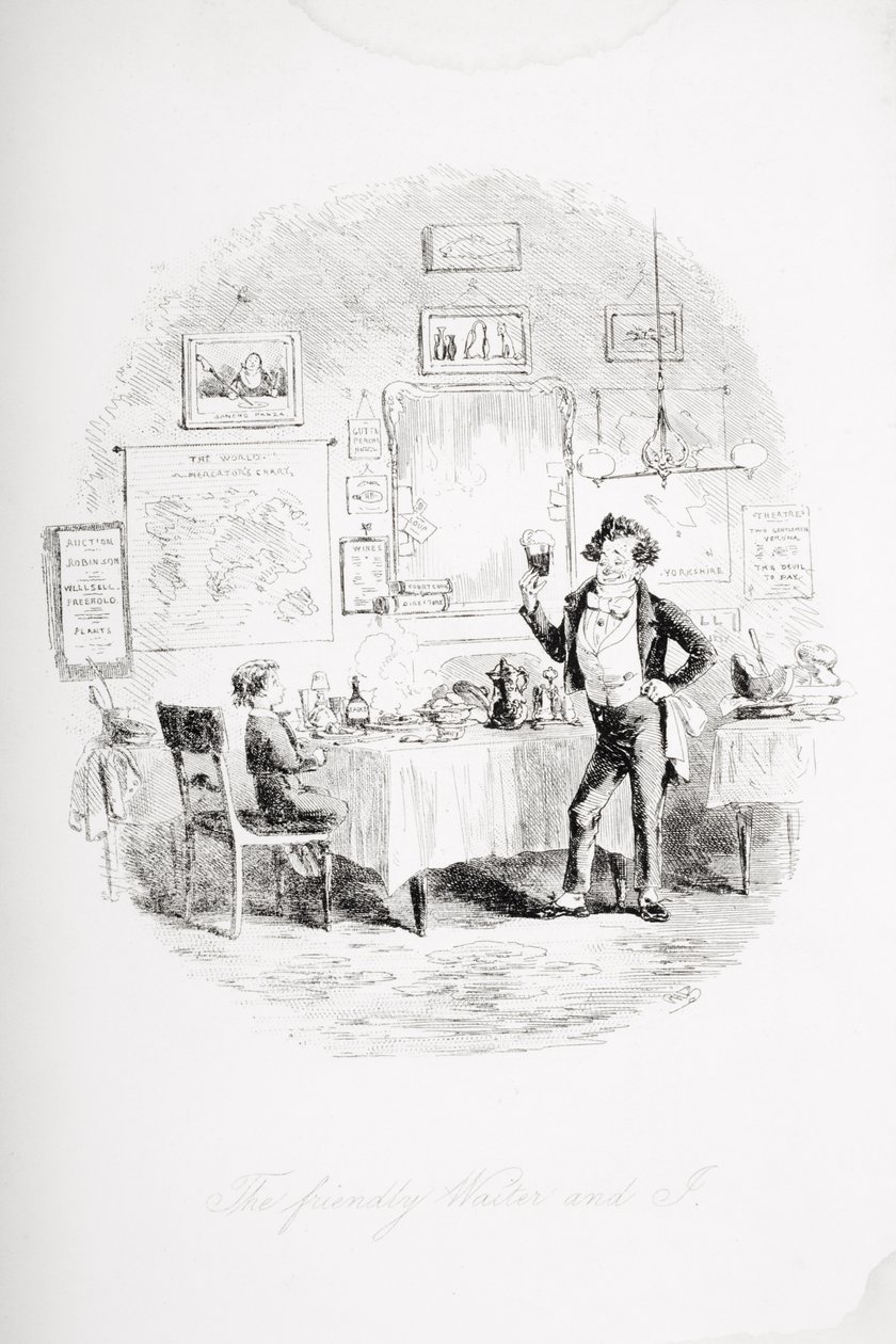 A barátságos pincér és én, Charles Dickens (1812-70) „David Copperfield” című művéből, először 1850-ben jelent meg. alkotó: Hablot Knight Browne