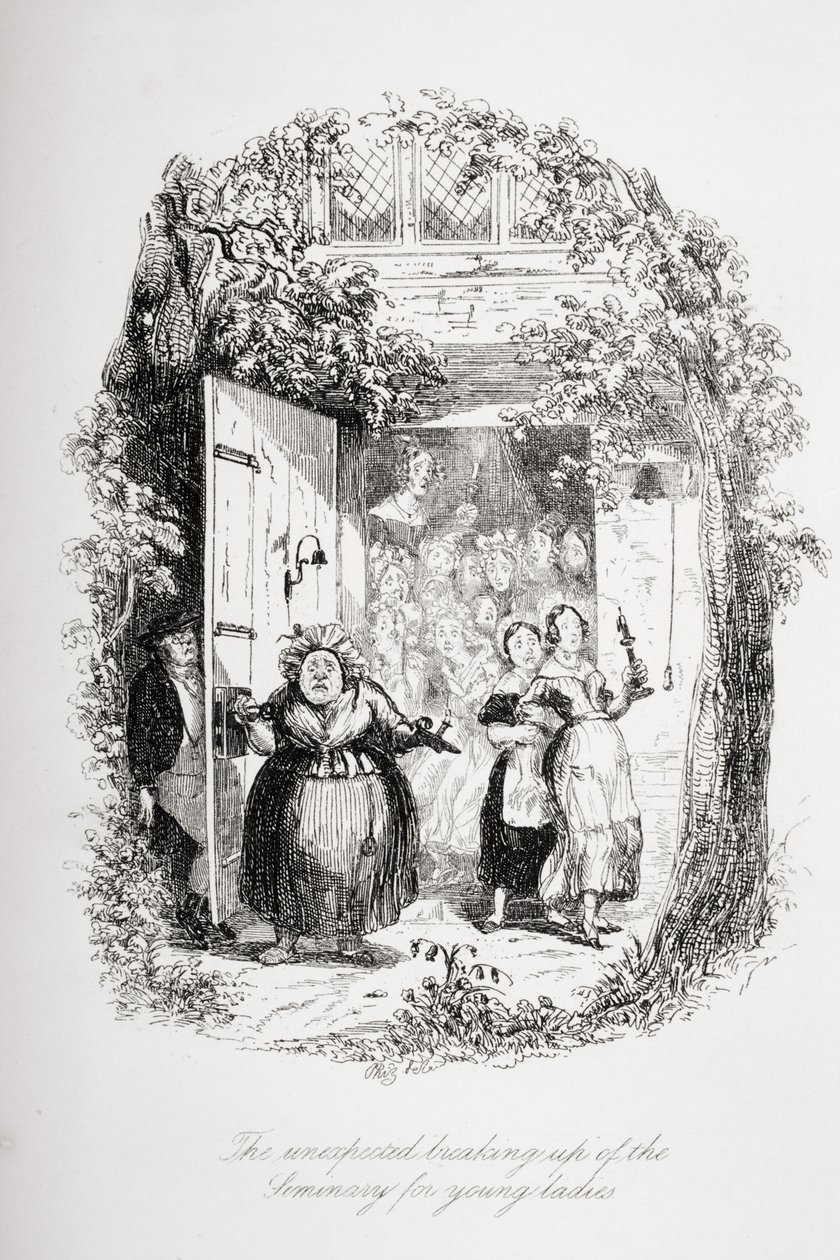 Az ifjú hölgyek szemináriumának váratlan feloszlása, illusztráció Charles Dickens (1812-70) 1837-ben megjelent "A Pickwick-iratok" című művéből. alkotó: Hablot Knight Browne