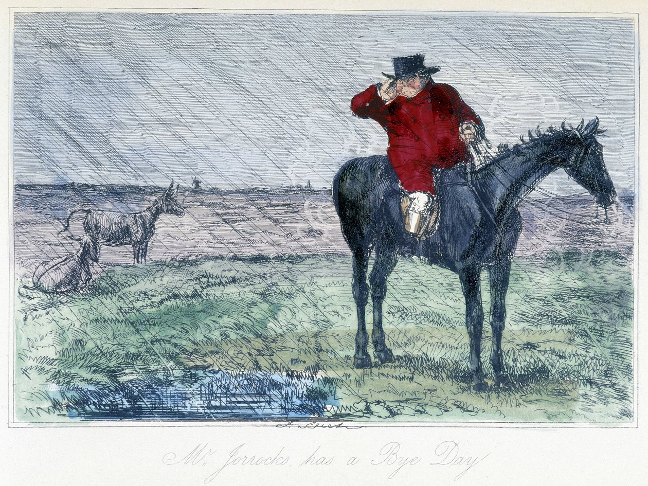 Lóvadászat jelenet egy esős napon. Angol karikatúra rókavadászatról „Thomas Scott vagy Hauwbuck Grange kalandjaiból”, illusztráció: H.K. Browne és W.T. Maud. alkotó: Hablot Knight Browne