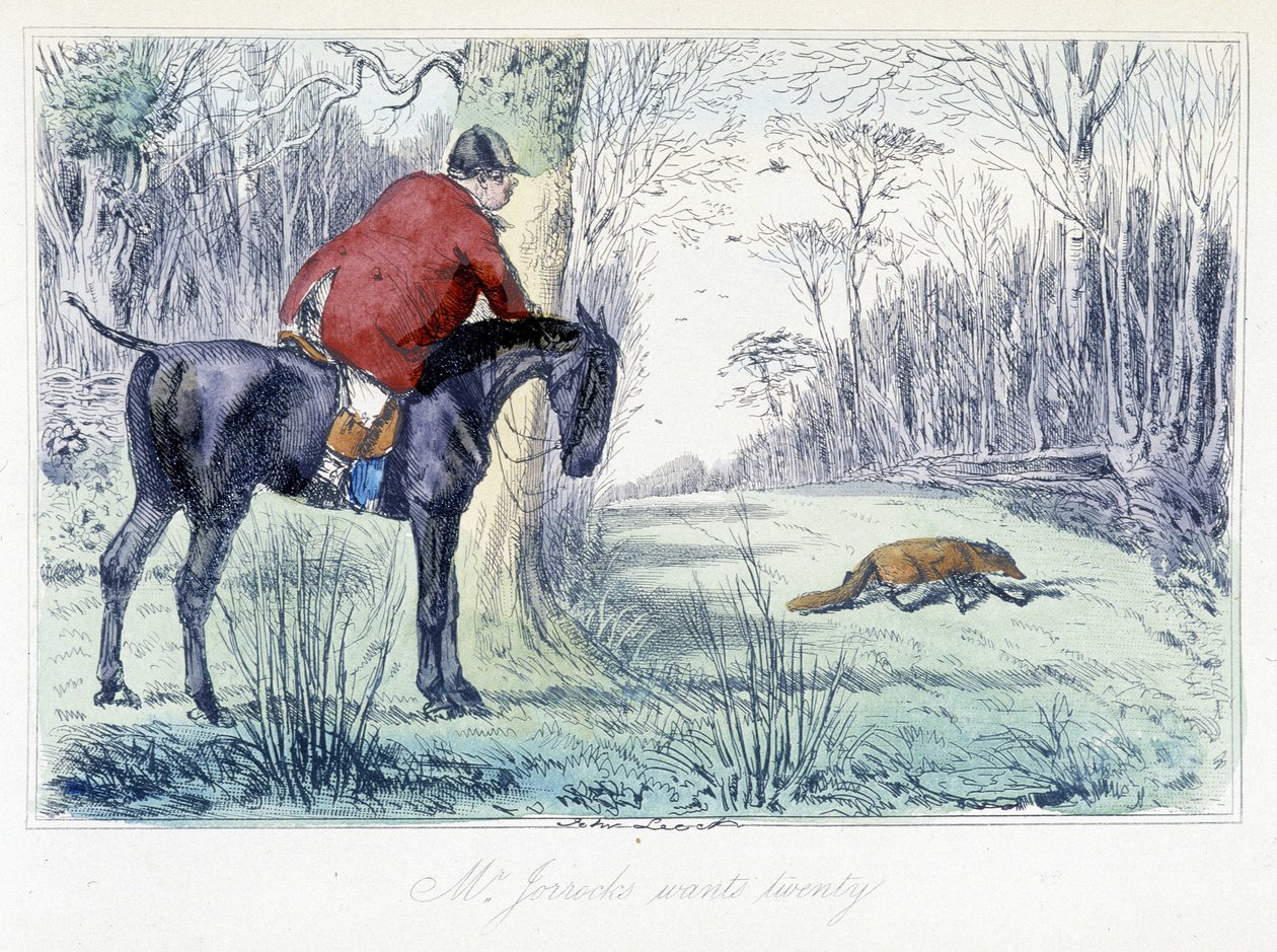 Lóháton vadászó jelenet. Angol rajzfilm a rókavadászatról a „Thomas Scott vagy Hawbuck Grange kalandjai” című illusztrációjából, H.K. Browne és W.T. Maud. alkotó: Hablot Knight Browne