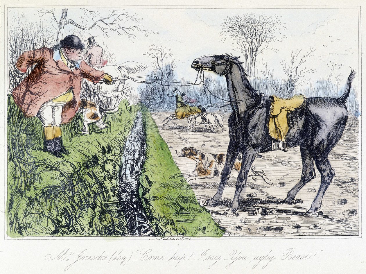 Lóháton vadászó jelenet. Angol rajzfilm a rókavadászatról Thomas Scott vagy Hawbuck Grange „” kalandjaiból”, illusztráció: H.K. Browne és W.T. Maud. alkotó: Hablot Knight Browne