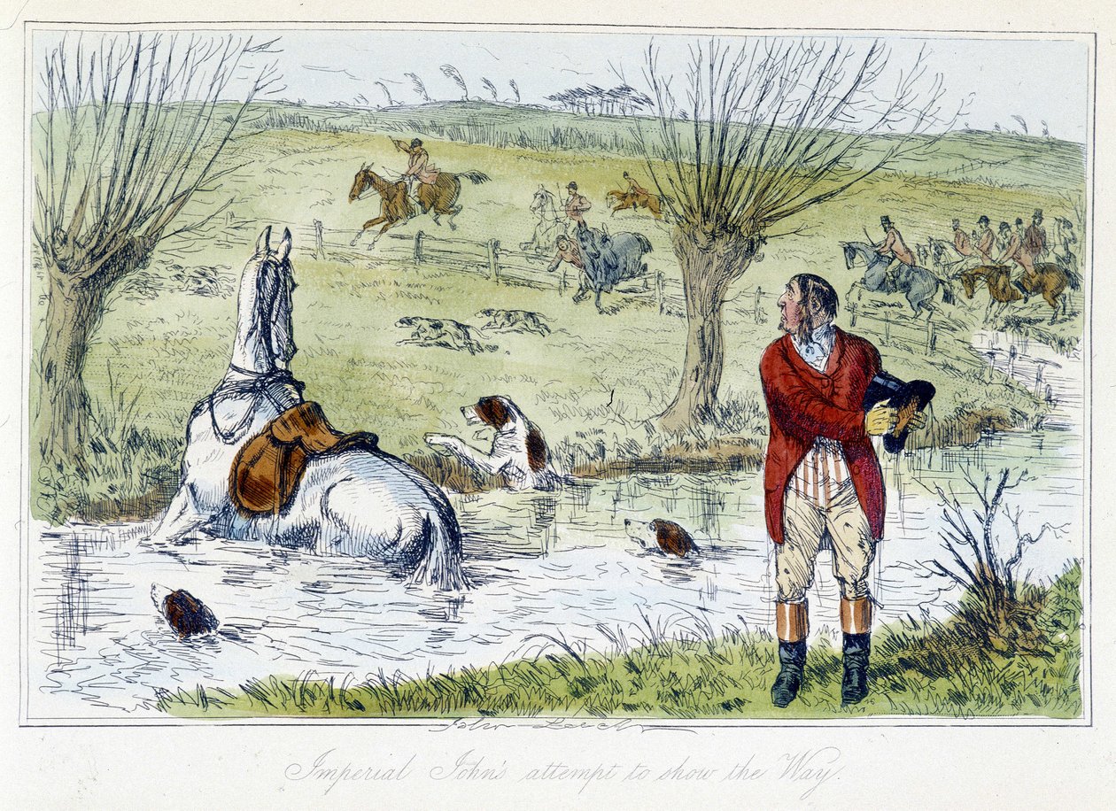 Hunter és lova elesik egy vízudvarban. Angol karikatúra a rókavadászatról „Thomas Scott vagy Hawbuck Grange kalandjaiból”, illusztráció: H.K. Browne és W.T. Maud. alkotó: Hablot Knight Browne