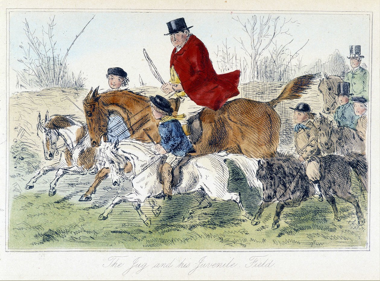 Vadászjelenet, angol karikatúra rókavadászatról Thomas Scott vagy Hawbuck Grange „” kalandjaiból merít”, illusztráció: H.K. Browne és W.T. Maud. alkotó: Hablot Knight Browne