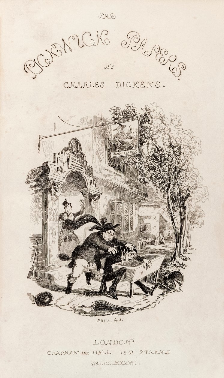 Címlap az 1837-ben könyv formájában megjelent „A Pickwick Club posztumusz irataiból” alkotó: Hablot Knight Browne