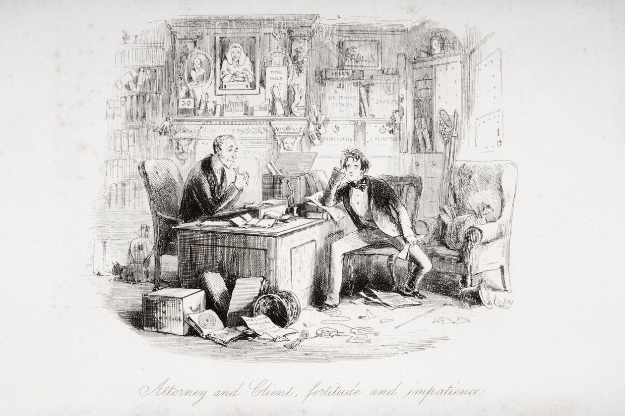 Ügyvéd és ügyfél, lelkierő és türelmetlenség, illusztráció Charles Dickens (1812-70) „Bleak House” című művéből, 1853-ban (litho) alkotó: Hablot Knight Browne