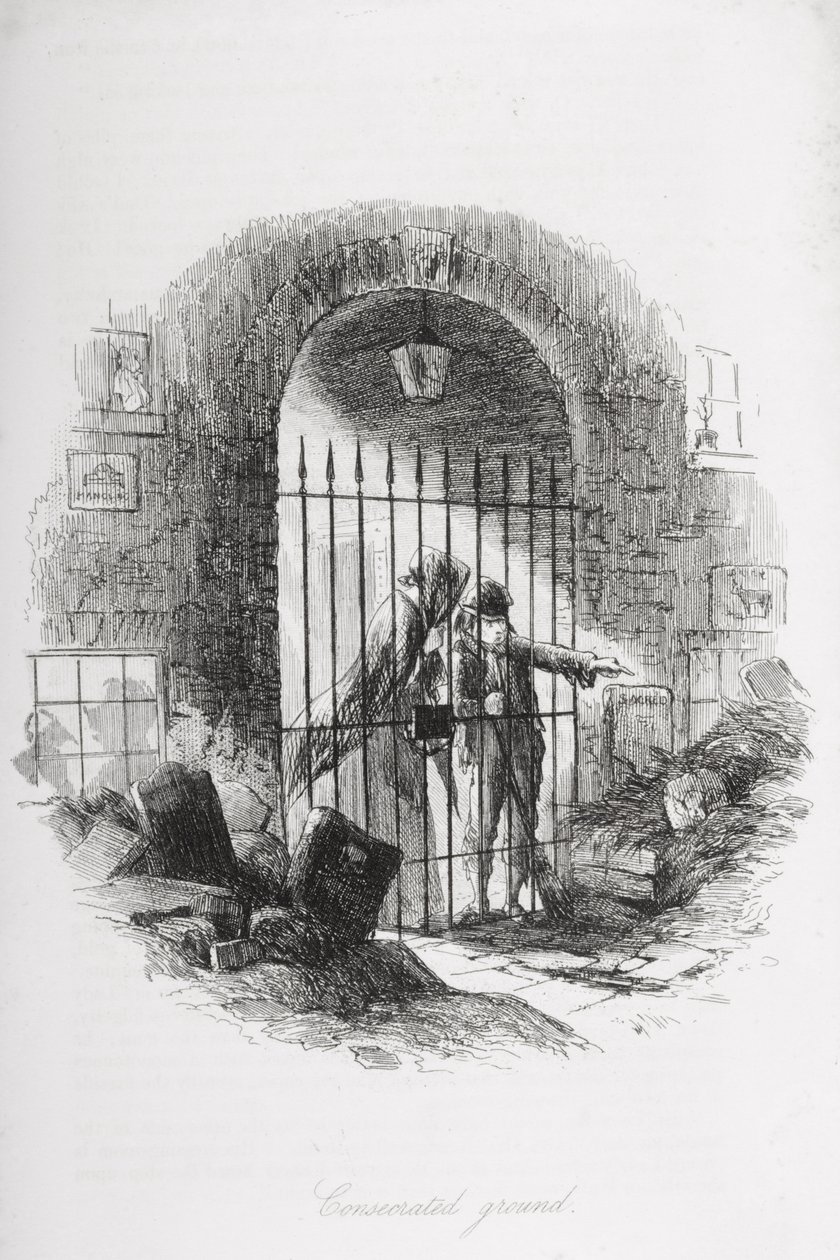 Megszentelt föld, Charles Dickens (1812-70) „Bleak House” című illusztrációja, 1853-ban megjelent alkotó: Hablot Knight Browne
