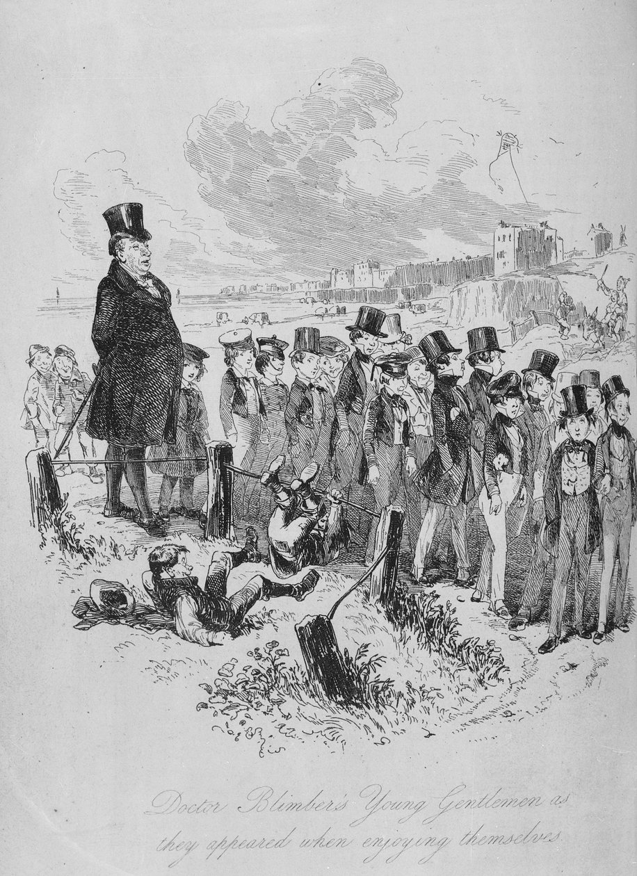 Blimber doktor ifjú urai, ahogy szórakozás közben megjelentek. Illusztráció Charles Dickens (1812-70) „Dombey és fia” című művéből, először 1848-ban jelent meg. alkotó: Hablot Knight Browne